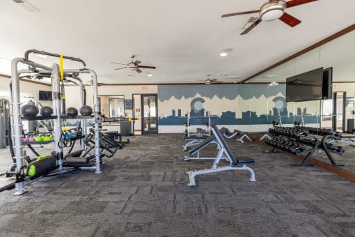 a gym with weights and cardio equipment and a mural of the city