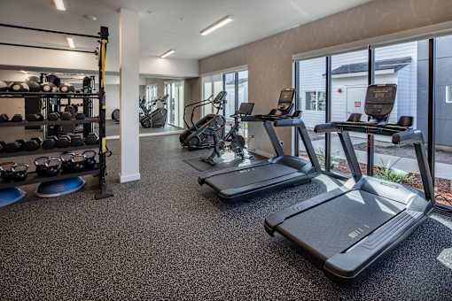 Spacious gym with treadmills, elliptical machines, and dumbbells at The Arvon, Vancouver