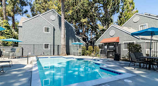A pool surrounded by trees and a house.