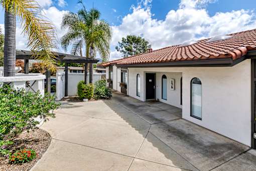 A sunny day at a residential area with houses and palm trees.
