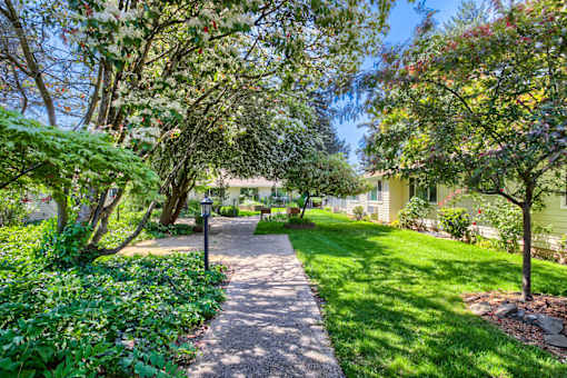 A pathway in a garden with a house in the background.