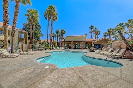 A pool surrounded by palm trees and lounge chairs.