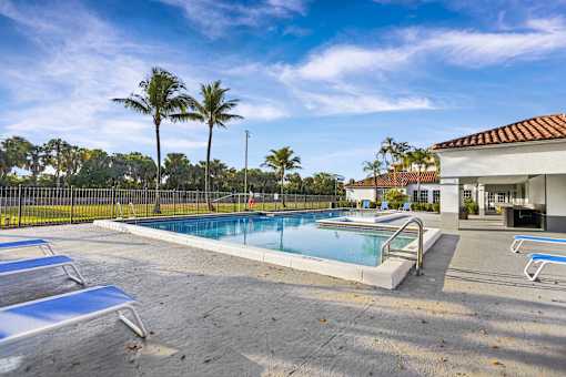 A pool with sun loungers and palm trees in the background.