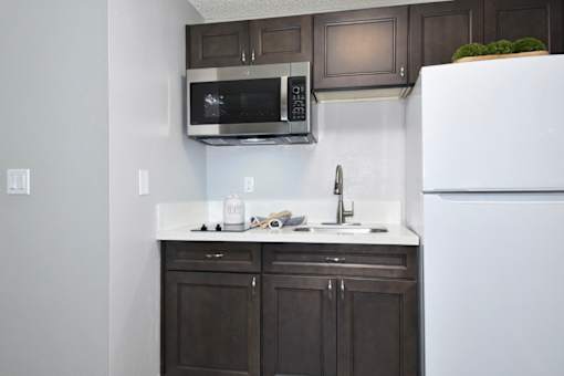 A kitchen with a white refrigerator, a microwave, and a sink.