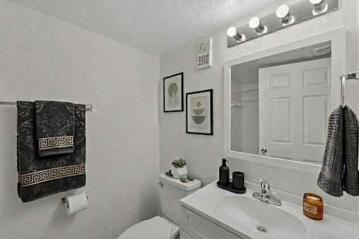 A bathroom with a white toilet, sink, and mirror.