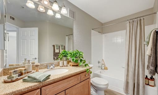 Bathroom with granite vanity and soaking tub at Borgata Condominiums Apartments, Nevada, 89103