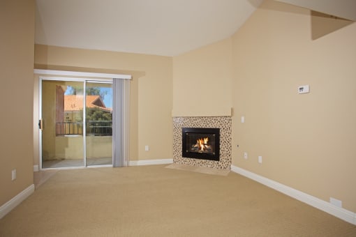 a living room with a fireplace and a sliding glass door