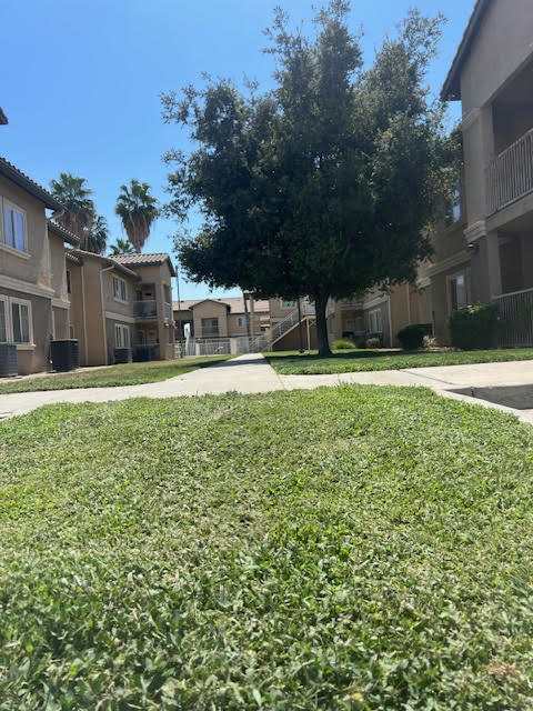 A grassy area in front of apartment buildings.