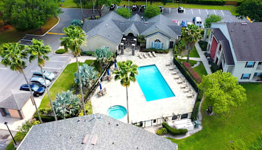 Aerial view of resort style pool area at The Ivy at Gatehouse Apartments, Orlando, FL 32807