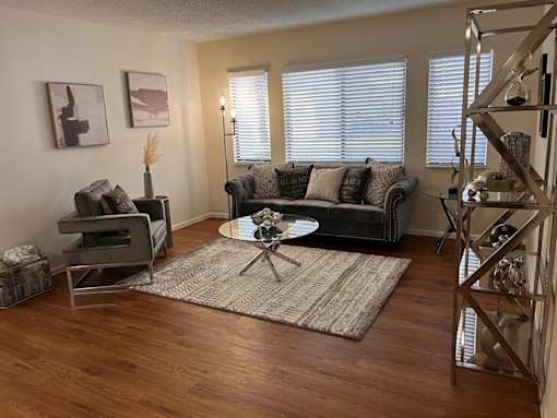 A living room with a couch, a chair, and a coffee table.