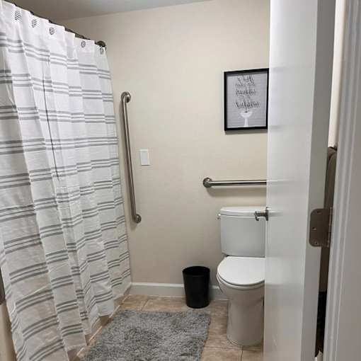 A bathroom with a toilet, a shower curtain, and a framed picture on the wall.