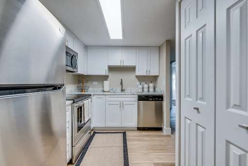 A modern kitchen with white cabinets and stainless steel appliances.