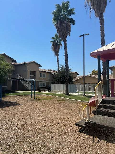 A playground with a slide and palm trees in the background.