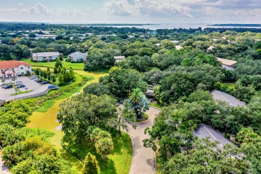 Aerial view of apartment complex with trees