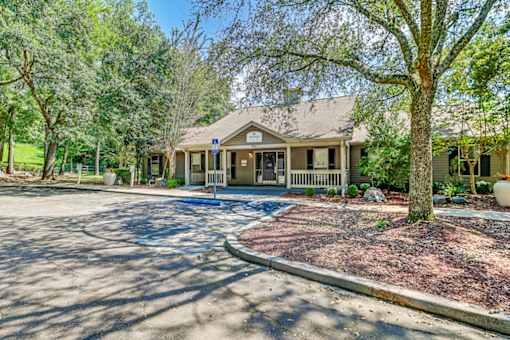 A house with a driveway and trees in front.