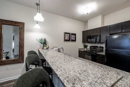 view of kitchen with granite counter top and black appliances at the preserve at greatstone