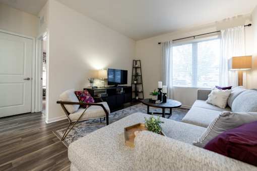 an apartment living room with couches and a tv