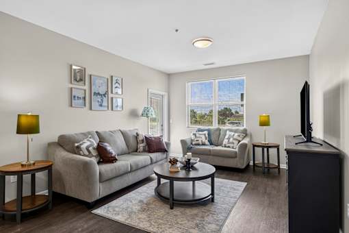 A living room with a grey couch, a coffee table, and a flat screen TV.