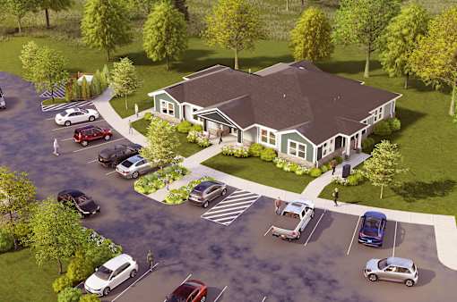 A rendering of a parking lot with cars and a building in the background.