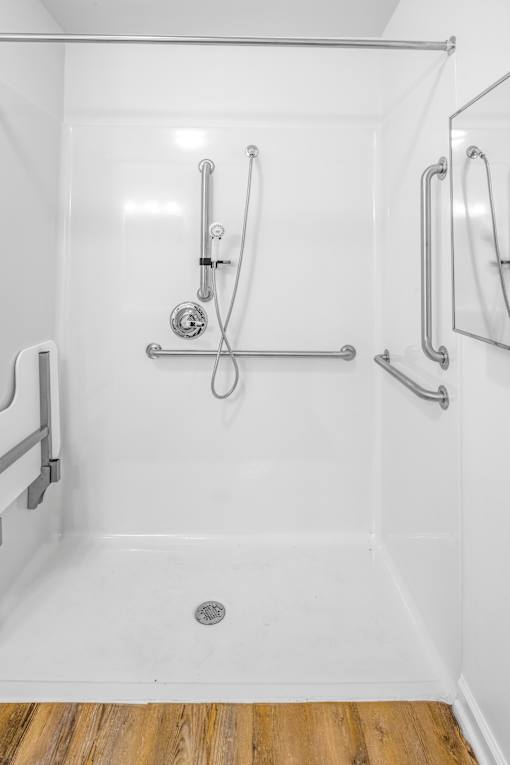 a white bathroom with a shower and grab bars