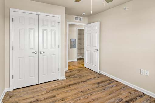 a bedroom with two closets and a hallway with wood floors