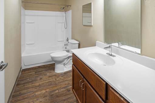 A white toilet and sink in a bathroom with wood floors.