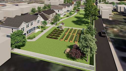 A 3D rendered image of a residential area with houses and a garden.