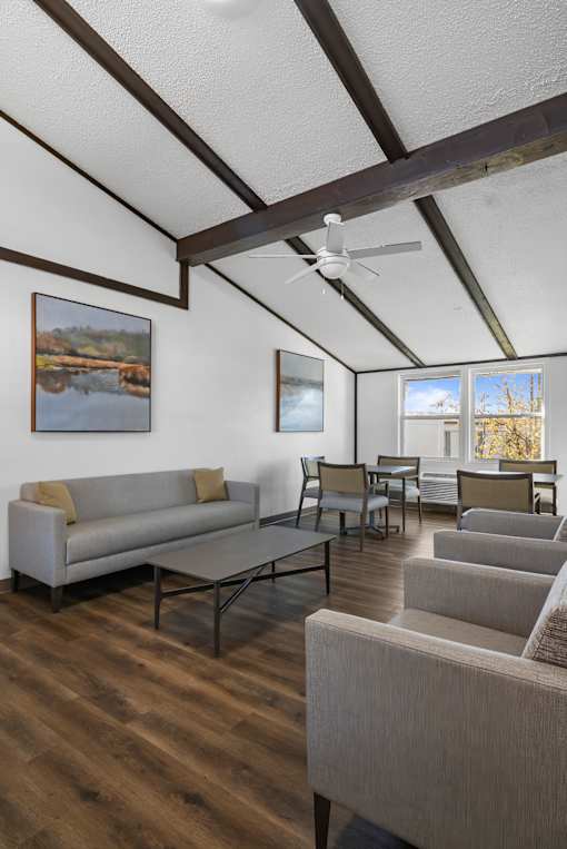 A living room with a grey couch and a painting of a lake on the wall.