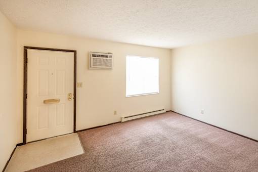 A room with a door, window, and carpet.