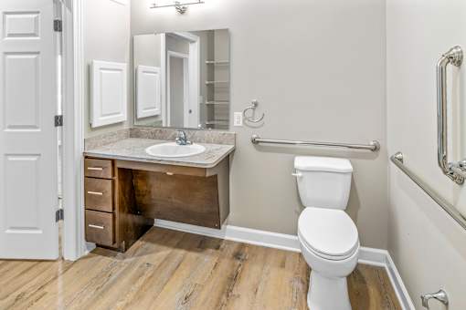 A white toilet is in a bathroom with a sink and mirror.
