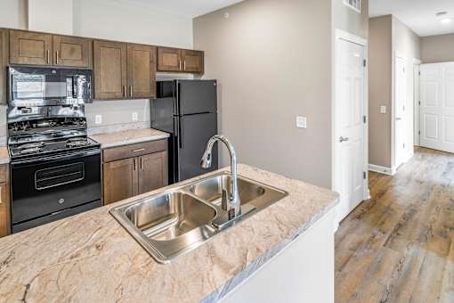 A kitchen with a black refrigerator and a stove with a stainless steel sink.