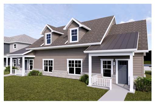 A house with a grey roof and white windows.
