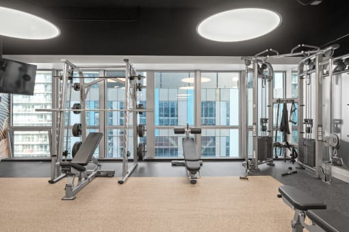 Weight training equipment in the Fitness Center at Shoreham and Tides Apartments, Illinois, 60601