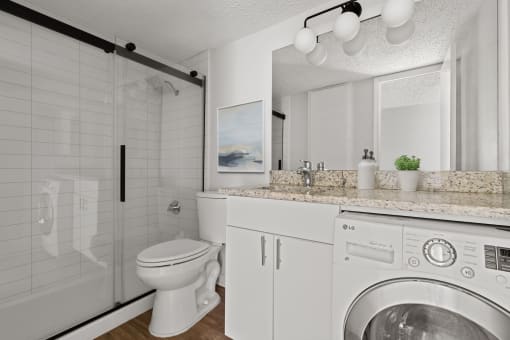 a bathroom with a toilet sink and a washing machine