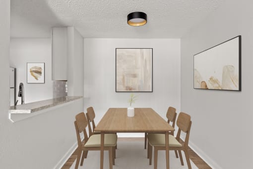 a dining room with a wooden table and chairs