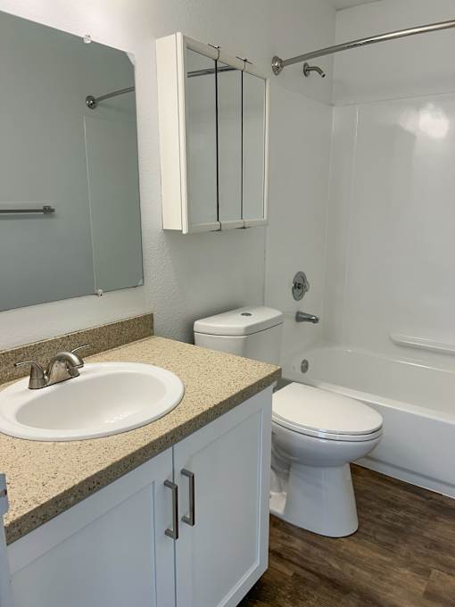 A white toilet sits next to a sink in a bathroom at 2000 Lake Washington Apartments, WA, 98056