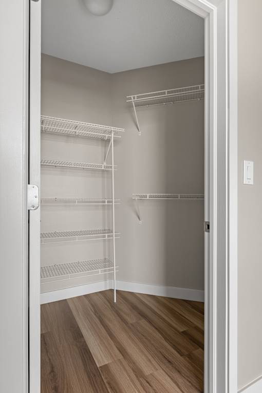 A white closet with a white door and white shelves.