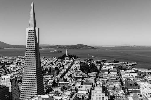 a black and white view of the skyline and the salesforce tower at L Seven, San Francisco