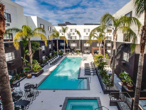 Newly Designed & Renovated Pool Deck with Swimming Pool, Hot Tub, Cabanas PLUS Grilling & Dining Area  at Duet on Wilcox, Los Angeles, California