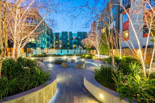 A circular brick pathway at Misora Apartments, California, 95128