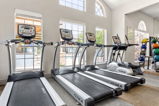 two rows of treadmills in a gym with windows at Aston at Cinco Ranch, Katy, TX, 77450
