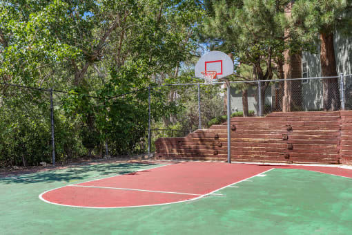 a basketball court in a backyard with trees at Arcadia Apartments, Colorado