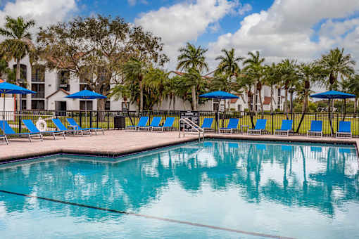 A swimming pool surrounded by palm trees and blue umbrellas.