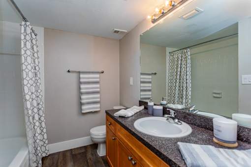 A bathroom with a toilet, sink, and a shower curtain.