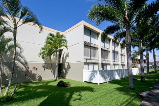 a building with palm trees in front of it at Palms of Kilani Apartments, Wahiawa, HI