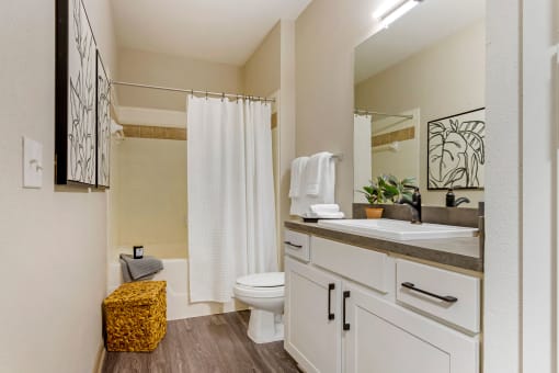 a bathroom with a sink and a toilet and a shower at Summerwind, Pearland