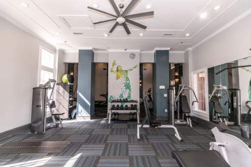 a workout room with weights and a ceiling fan at Roswell Village, Roswell, Georgia