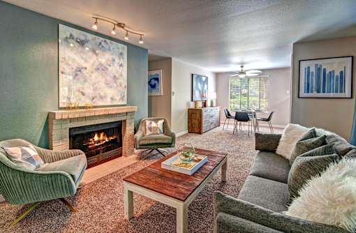Living Area With Fireplace at Brackett Apartments, Edmonds, Washington