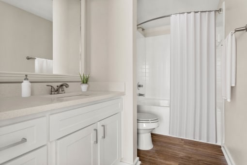 a bathroom with a shower and a sink and a toilet at Villages of Cypress Creek, Houston