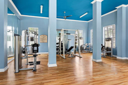 a gym with weights and other exercise equipment in a room with blue walls at Villages of Cypress Creek, Houston
